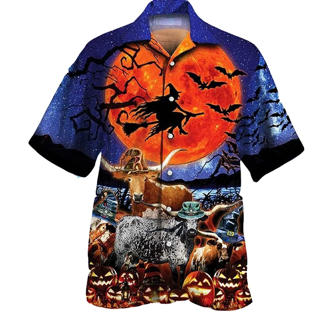 Witch Moon Red Cow Longhorn Cattle Lovers Halloween Night Gifts And Hawaiian Shirt, Button Up Aloha Shirt For Men, Women