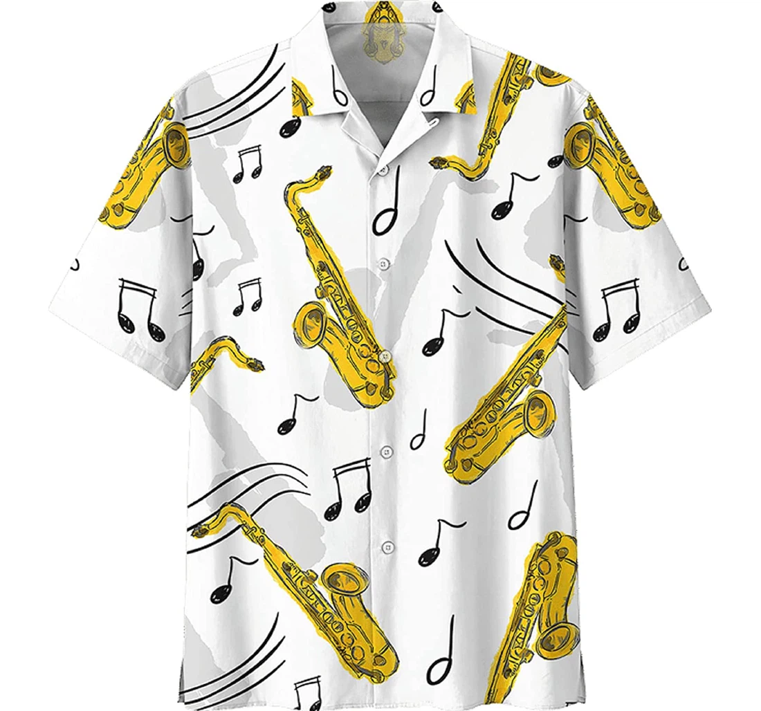 Instrument - Saxophone And Music Note Music Lover White Hawaiian Shirt, Button Up Aloha Shirt For Men, Women