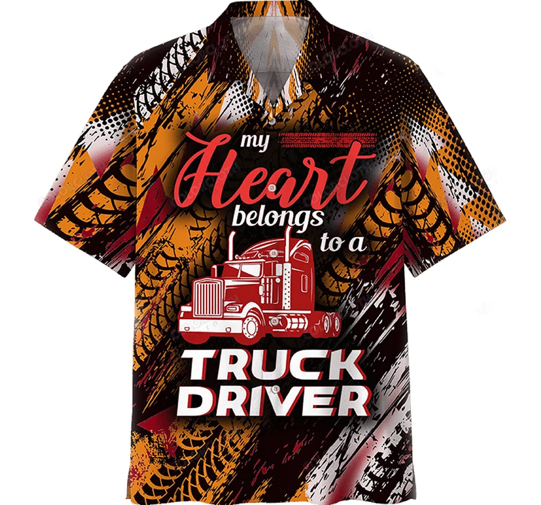 Trucker - My Heart Belongs A Truck Driver Gift And White Hawaiian Shirt, Button Up Aloha Shirt For Men, Women