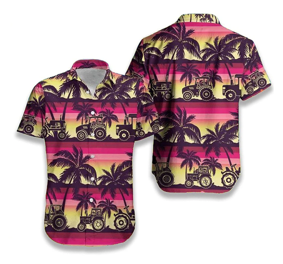 Tractor Sunset And Palm Tree Gift And White Hawaiian Shirt, Button Up Aloha Shirt For Men, Women