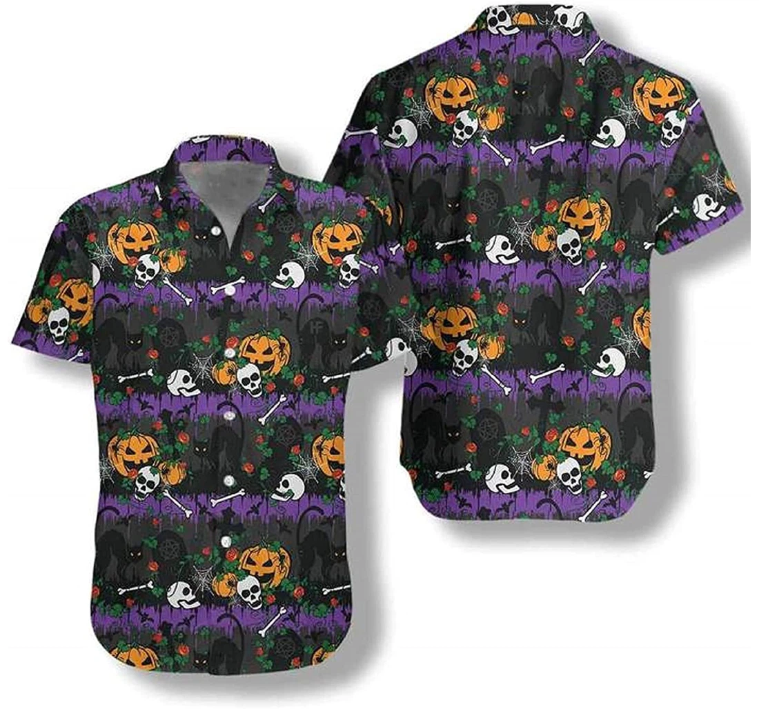 Shirts Halloween Pumpkin And Black Cats Hawaiian Shirt, Button Up Aloha Shirt For Men, Women