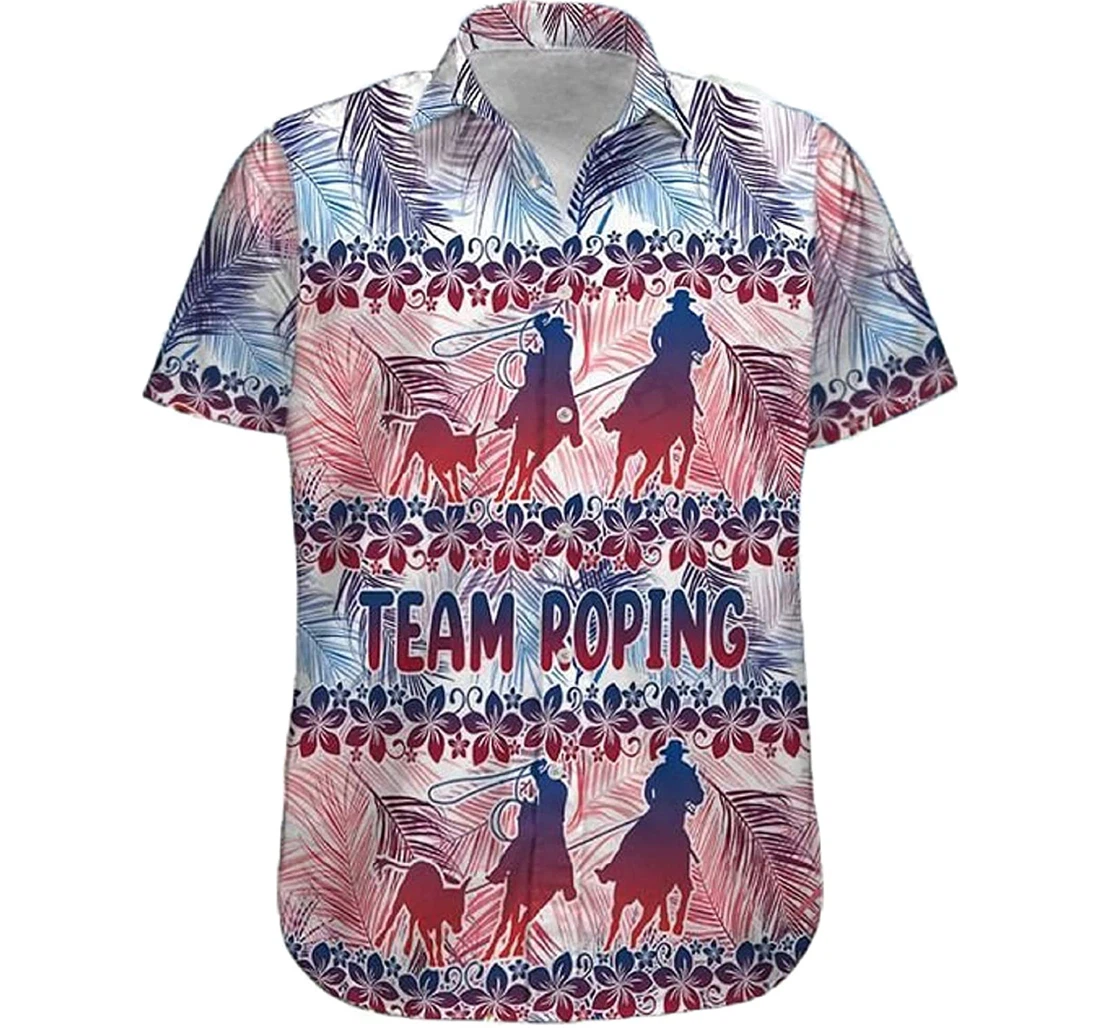 Cowboy - Team Roping Hibiscus Pattern & Palm Tree Us1 Gift Cowboy White Hawaiian Shirt, Button Up Aloha Shirt For Men, Women