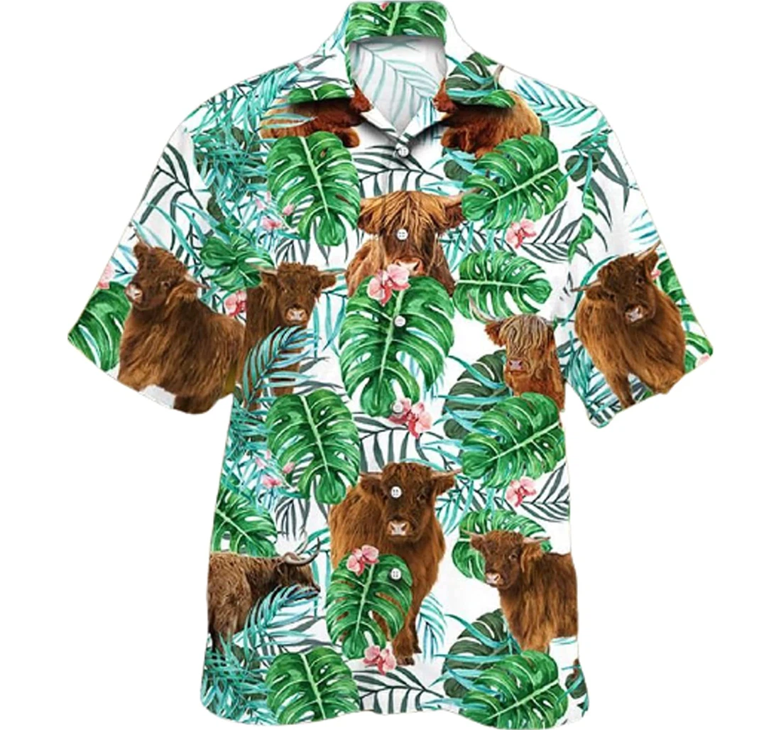 Cow, Highland Cattle Lovers Plant Gifts And White Hawaiian Shirt, Button Up Aloha Shirt For Men, Women