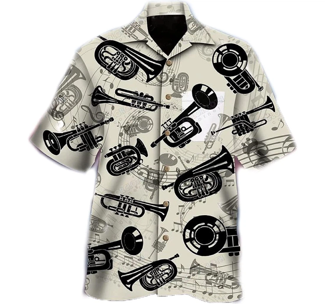 Trumpet And Music Note Gift And Music Lover White Hawaiian Shirt, Button Up Aloha Shirt For Men, Women