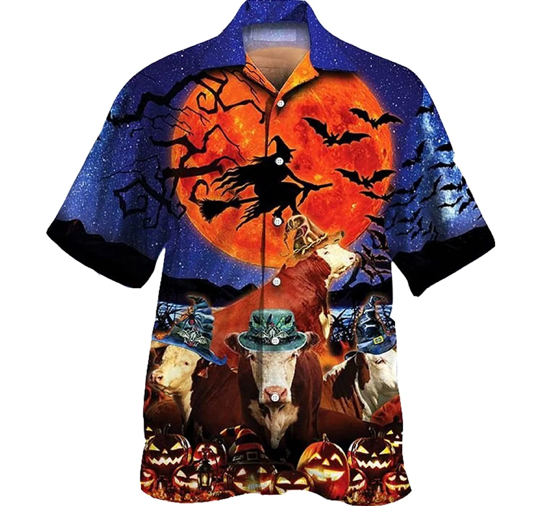 Hereford Cattle Lovers Halloween Pumpkin Gifts And White Hawaiian Shirt, Button Up Aloha Shirt For Men, Women