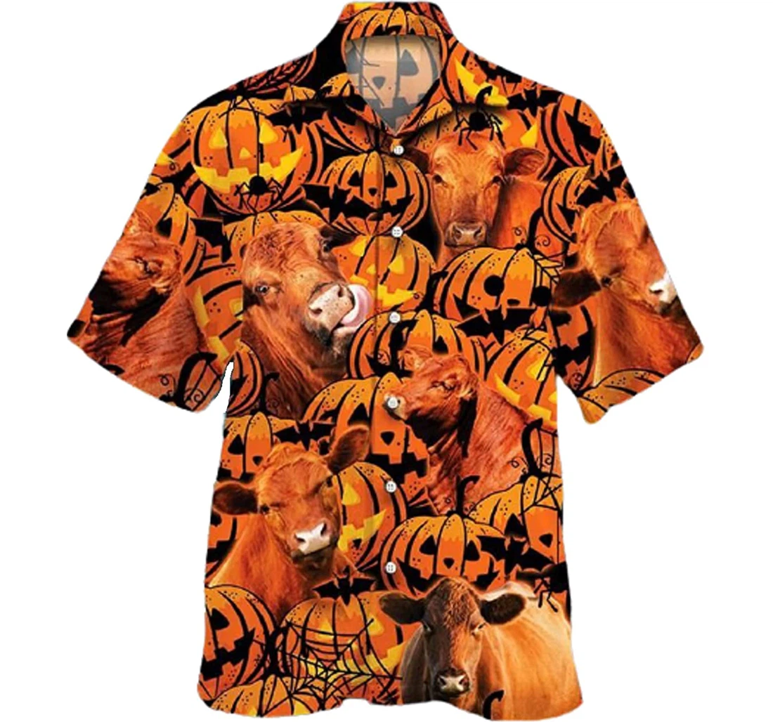 Cow Black Angus Cattle Lovers Halloween Pumpkin Gifts And Hawaiian Shirt, Button Up Aloha Shirt For Men, Women