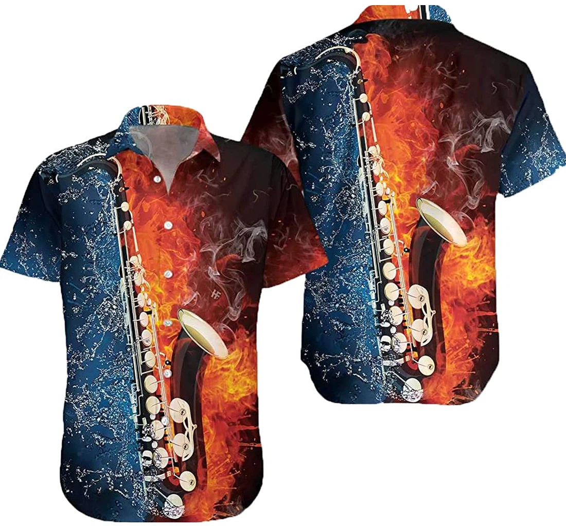 Saxophone With Water And Flame Gift And White Hawaiian Shirt, Button Up Aloha Shirt For Men, Women