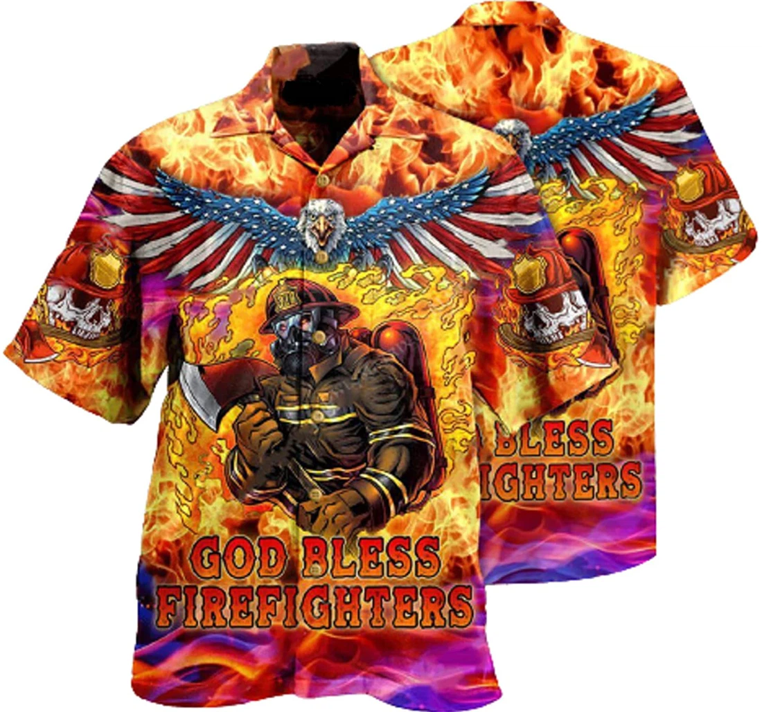 Eagle Fire Firefighters God Bless Firefighters Skull White Hawaiian Shirt, Button Up Aloha Shirt For Men, Women