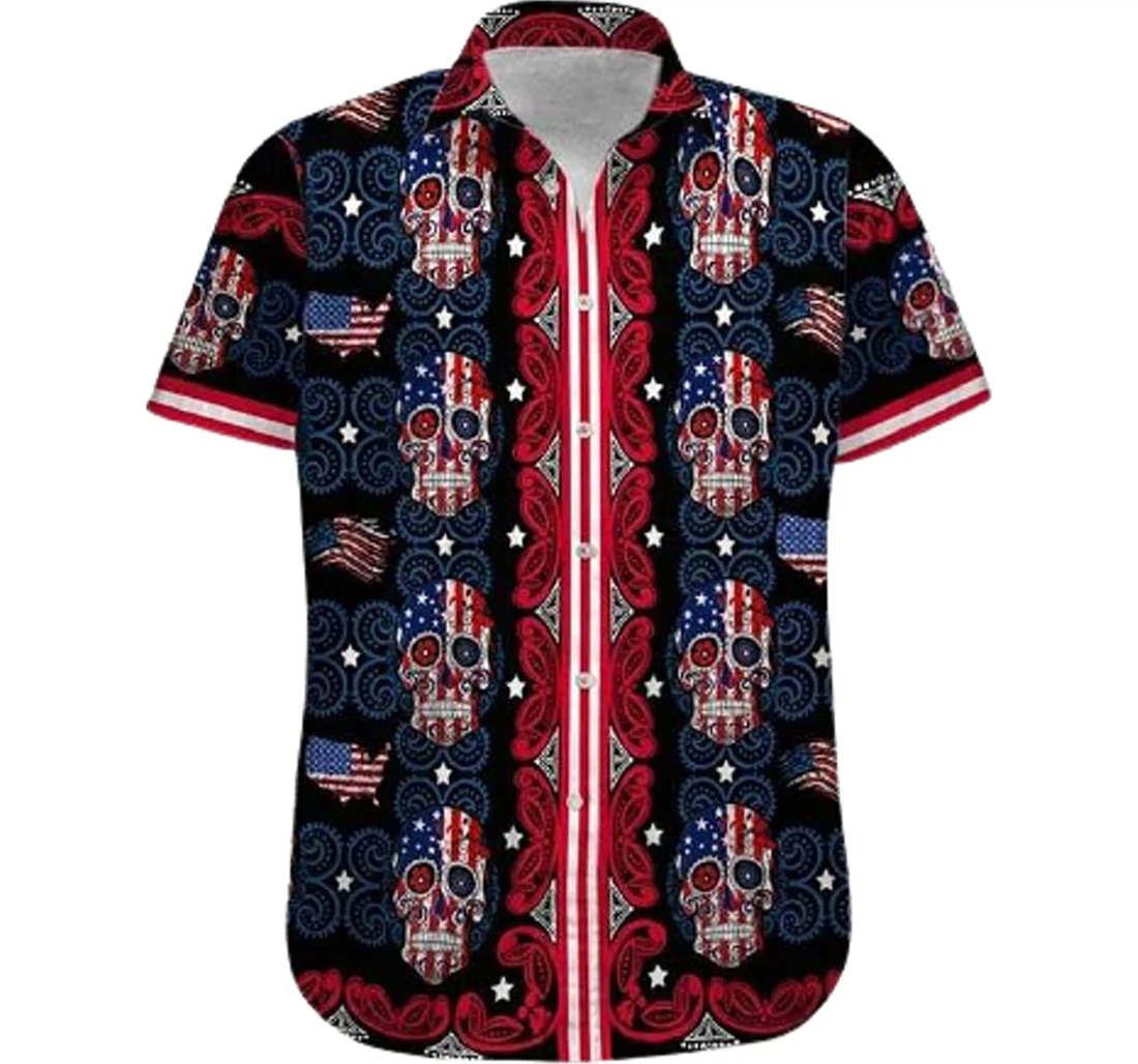 Skull Sugar And Flag White Hawaiian Shirt, Button Up Aloha Shirt For Men, Women