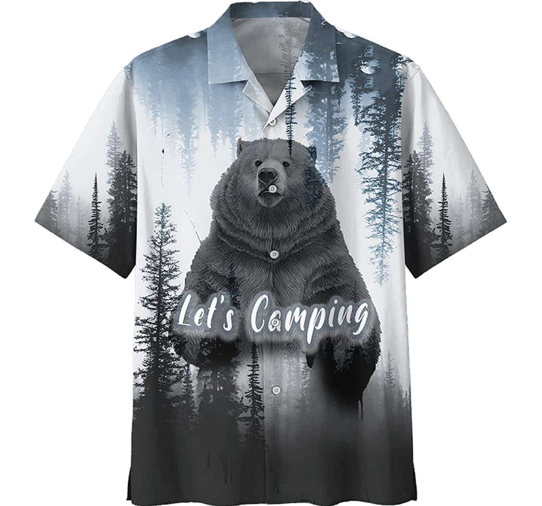 Bear - Let's Camping Gift Camping Lover White Hawaiian Shirt, Button Up Aloha Shirt For Men, Women