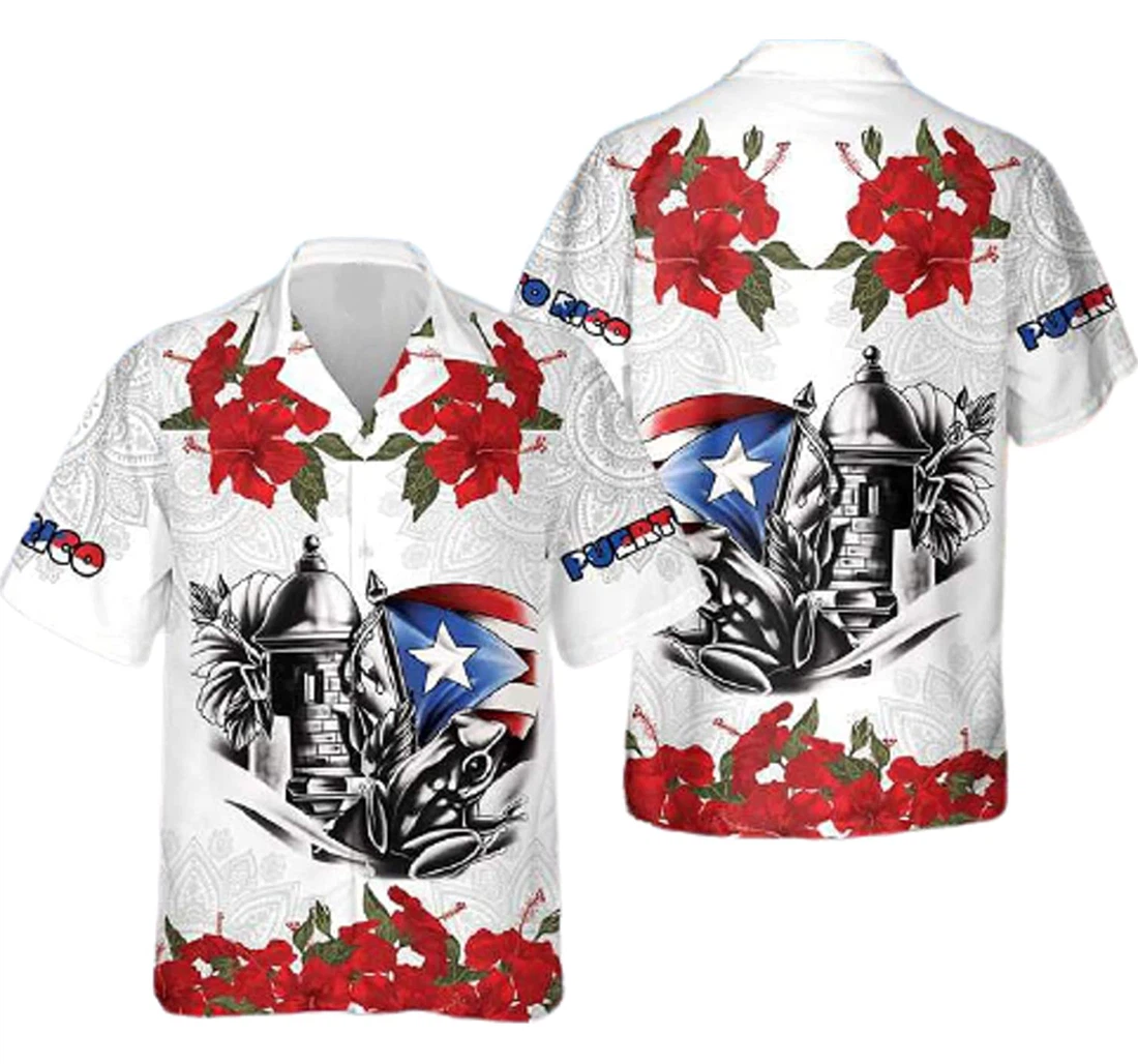 Puerto Rico Hibiscus Flower, Frog Gifts And White Hawaiian Shirt, Button Up Aloha Shirt For Men, Women