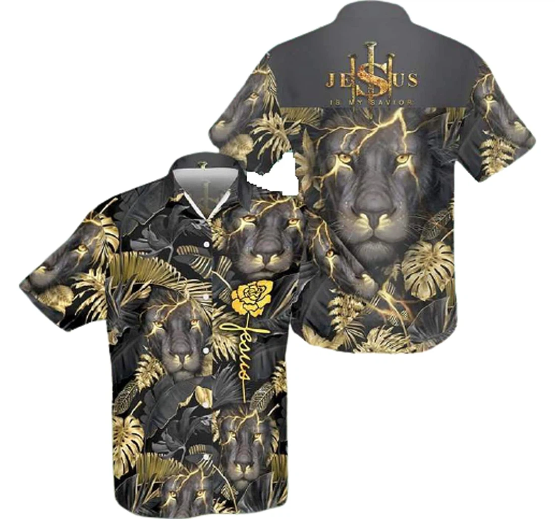 Jesus And Lion Flower Tropical, Lightning Gifts And White Hawaiian Shirt, Button Up Aloha Shirt For Men, Women