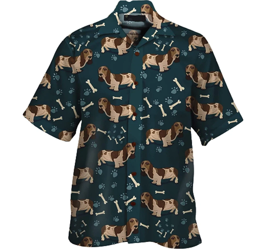 Dog And Bone, Basset Hound And White Hawaiian Shirt, Button Up Aloha Shirt For Men, Women