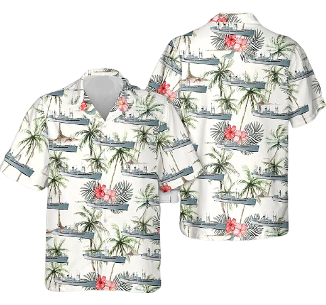 Sailor - Ship And Palm Tree, Sea & Hibiscus Flower White Hawaiian Shirt, Button Up Aloha Shirt For Men, Women