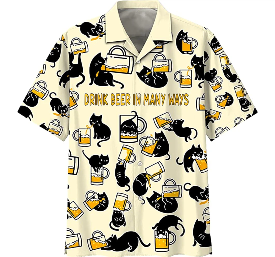 Black Cat - Drink Beer In Many Ways Cat Lover Hawaiian Shirt, Button Up Aloha Shirt For Men, Women