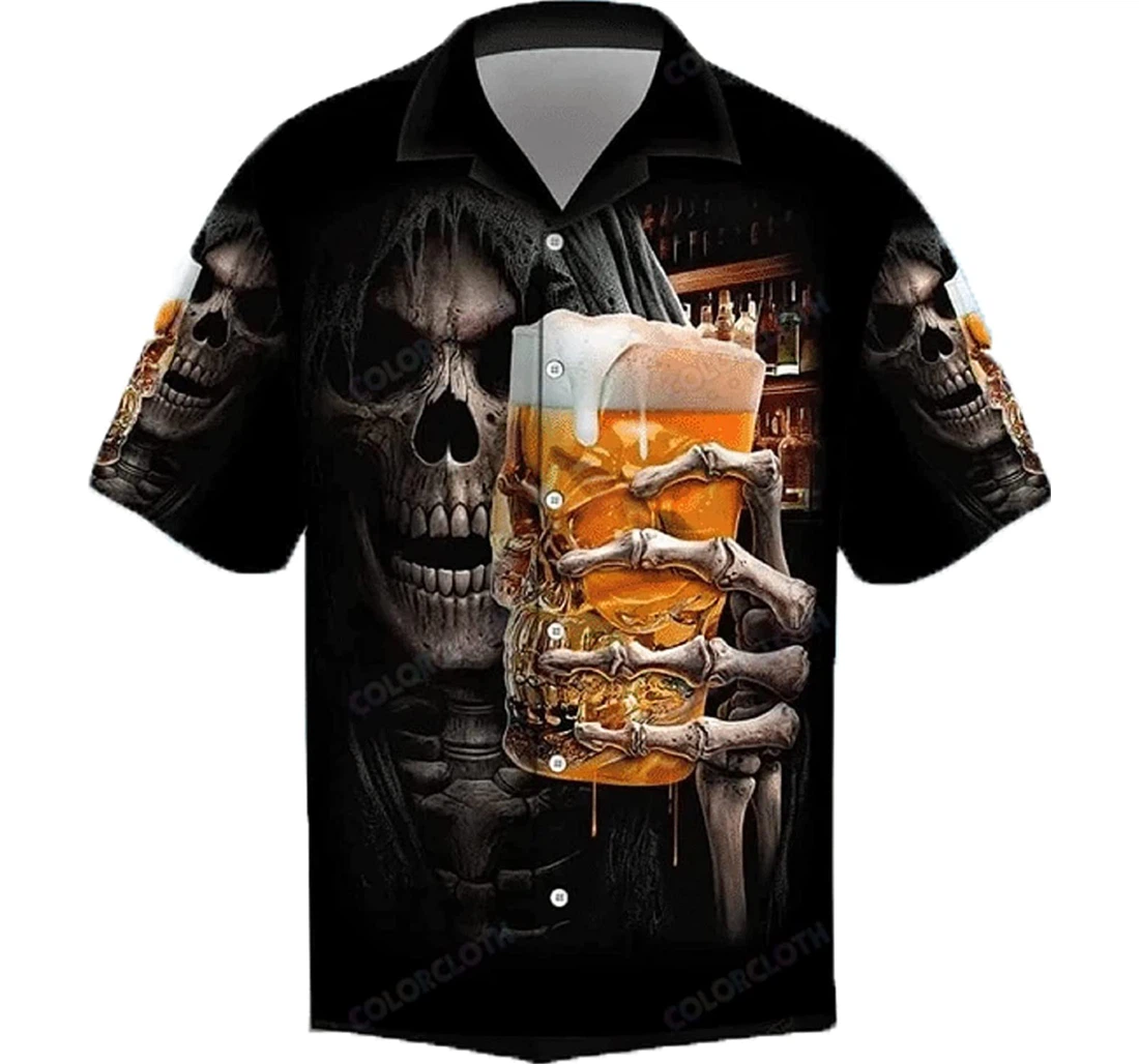 Skull Death Drink Beer Gift And White Hawaiian Shirt, Button Up Aloha Shirt For Men, Women