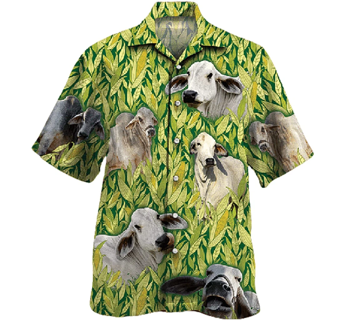 Cow Brahman Cattle Lovers Corn Pattern Gifts And White Hawaiian Shirt, Button Up Aloha Shirt For Men, Women