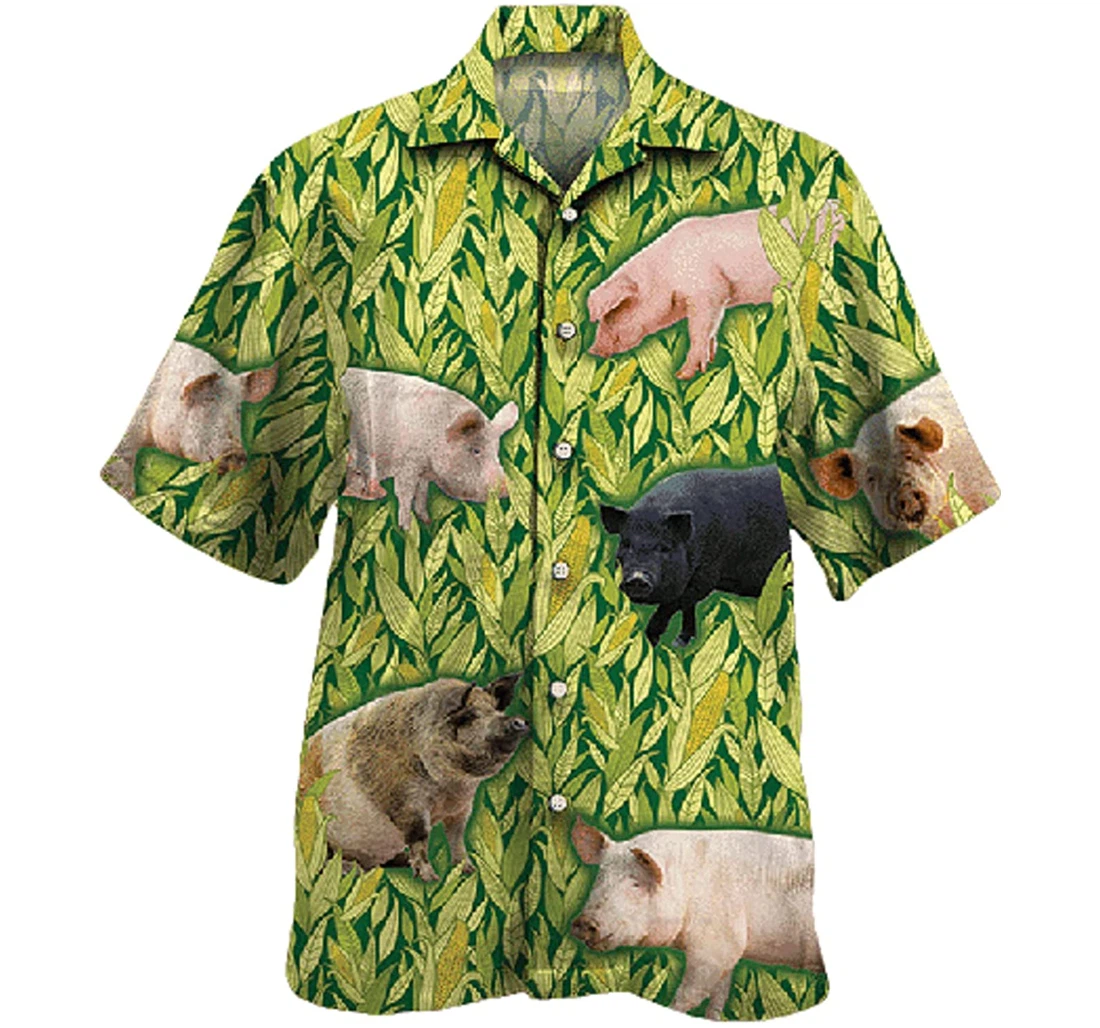 Pig Lovers Corn Pattern Gifts And White Hawaiian Shirt, Button Up Aloha Shirt For Men, Women