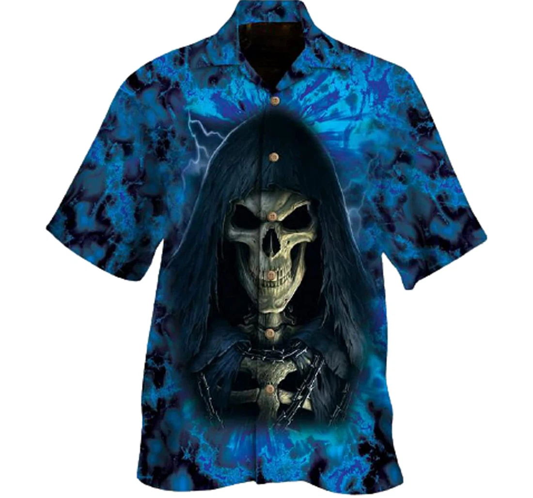 Blue Skull Horror Gifts And Hawaiian Shirt, Button Up Aloha Shirt For Men, Women