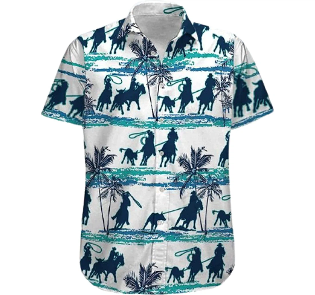 Team Roping On The Beach, Palm Tree Gifts And White Hawaiian Shirt, Button Up Aloha Shirt For Men, Women