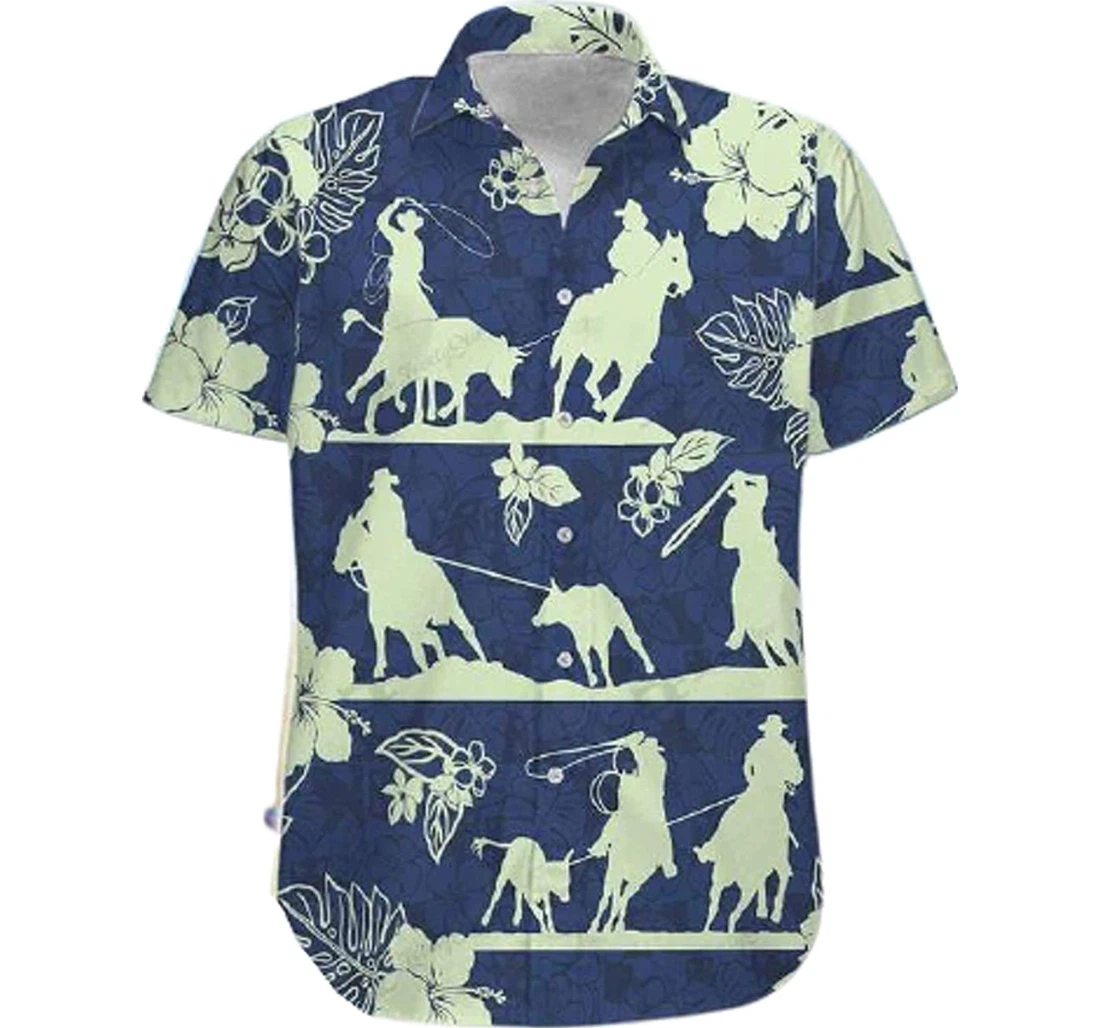 Shirts Team Roping Hibiscus White Hawaiian Shirt, Button Up Aloha Shirt For Men, Women