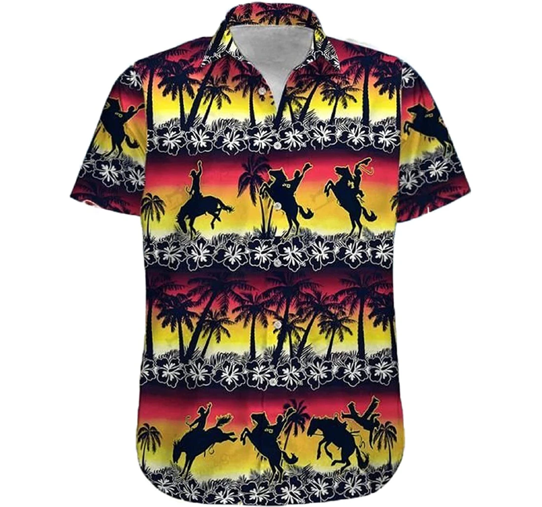 Cowboy - Saddle Bronc Hibiscus Pattern & Palm Tree Gift Cowboy White Hawaiian Shirt, Button Up Aloha Shirt For Men, Women