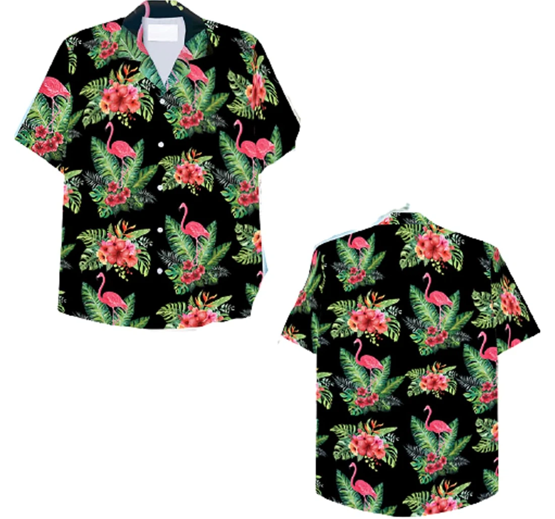 Flamingo And Flower On Black Backgound Gifts And Hawaiian Shirt, Button Up Aloha Shirt For Men, Women