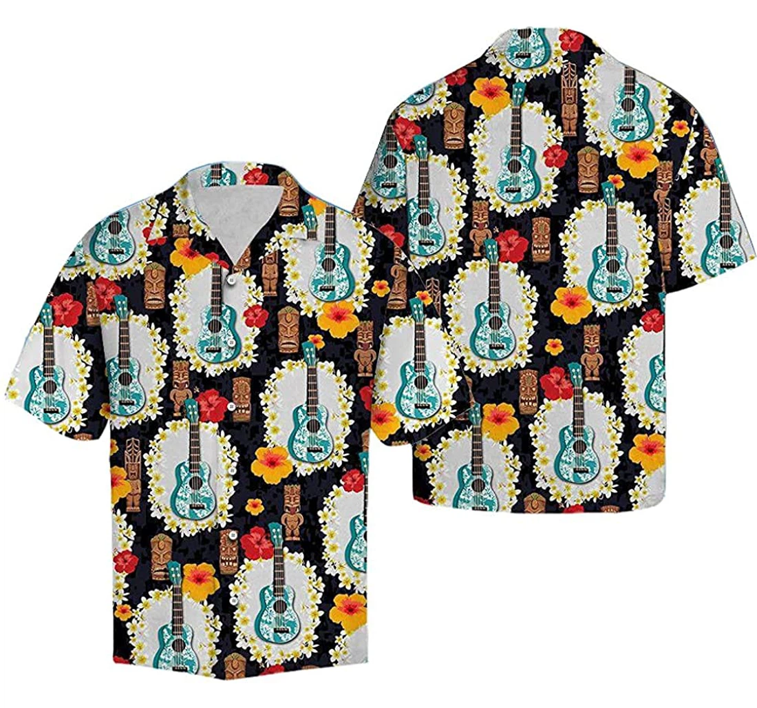 Ukulele Tiki Pattern Soft Hawaiian Shirt, Button Up Aloha Shirt For Men, Women