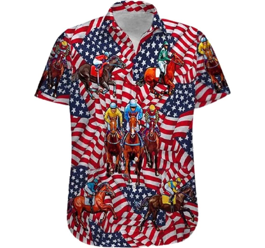 Horse Racing American Flag Gifts And White Hawaiian Shirt, Button Up Aloha Shirt For Men, Women