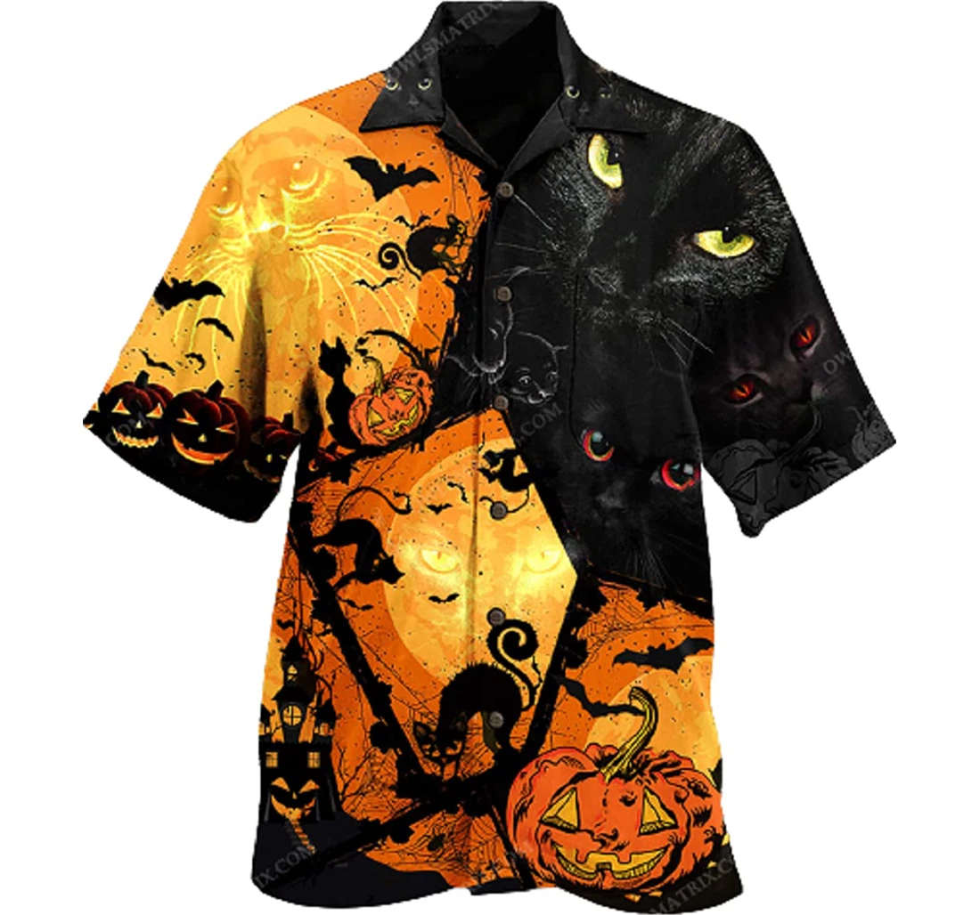 Halloween Black Cat And Pumpkin The Moon Gifts And Hawaiian Shirt, Button Up Aloha Shirt For Men, Women