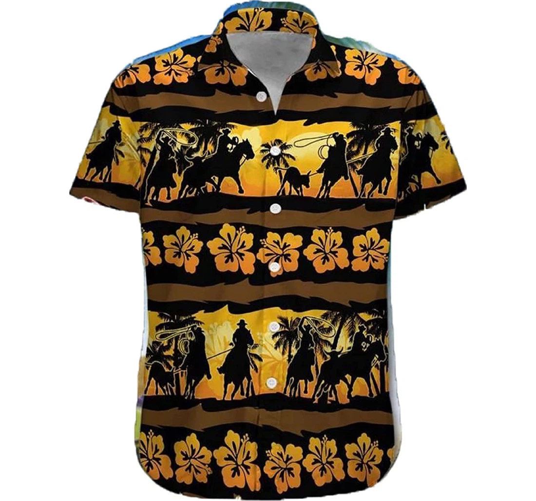 Cowboy - Team Roping Sunset Hibiscus Pattern & Palm Tree Gift Cowboy, White Hawaiian Shirt, Button Up Aloha Shirt For Men, Women