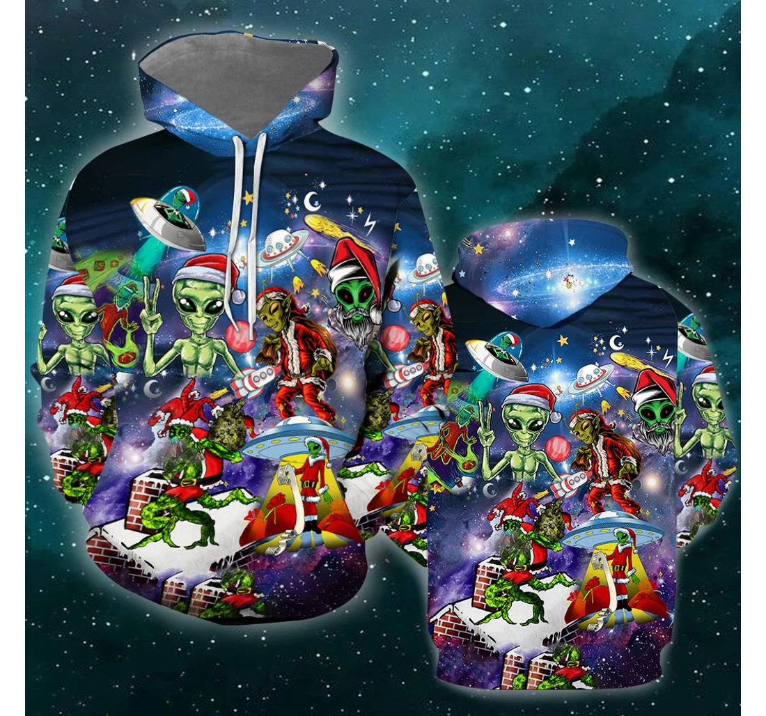 Alien Santas Christmas In The Galaxy - 3D Printed Pullover Hoodie