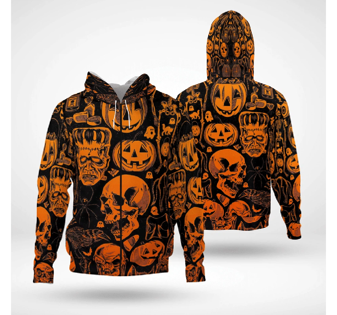 Zip Hoodie - Scary Halloween Villain Symbols Pumpkin Skull Zombie Spooky - 3D Printed