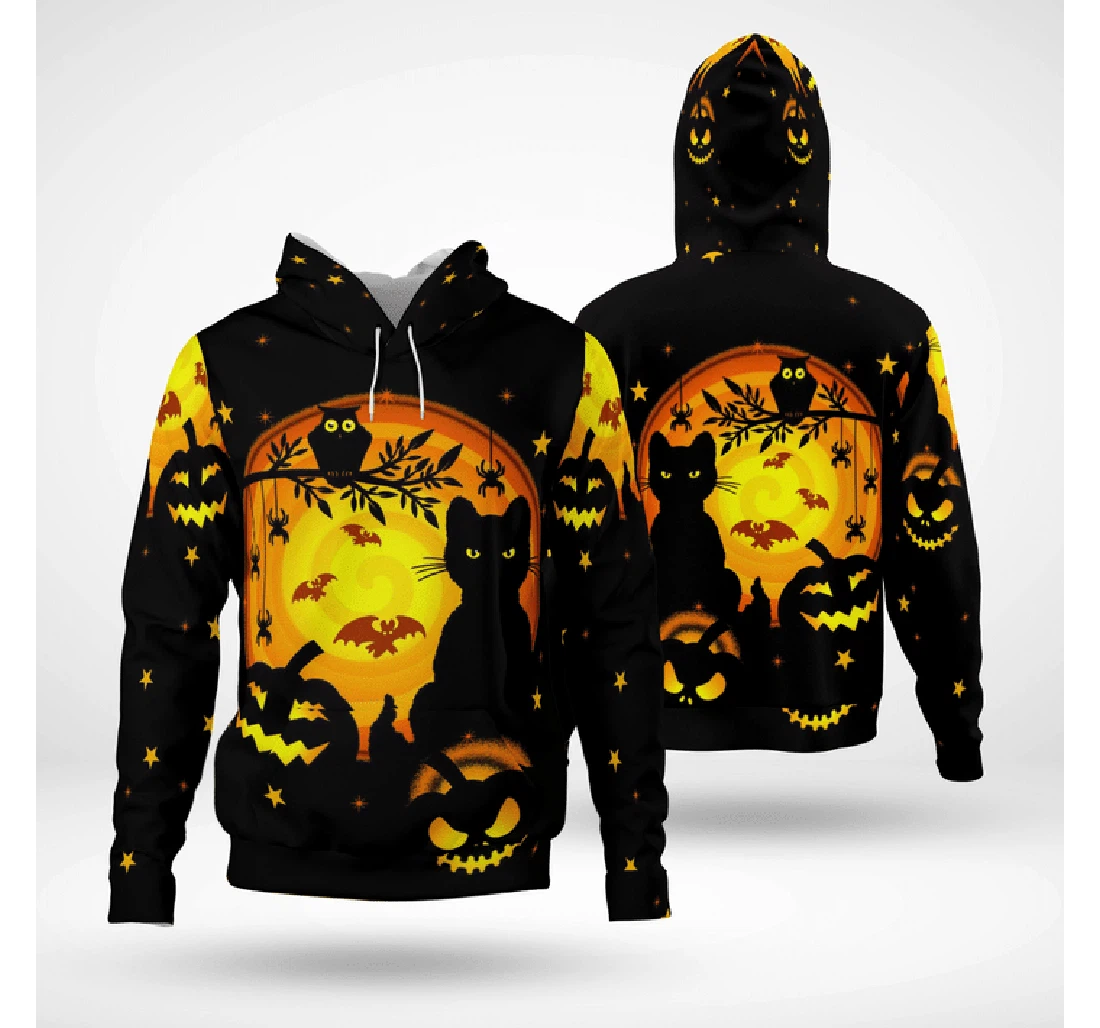 Zip Hoodie - Night Halloween Spooky Night Pumpkin Cat Owl Bat - 3D Printed