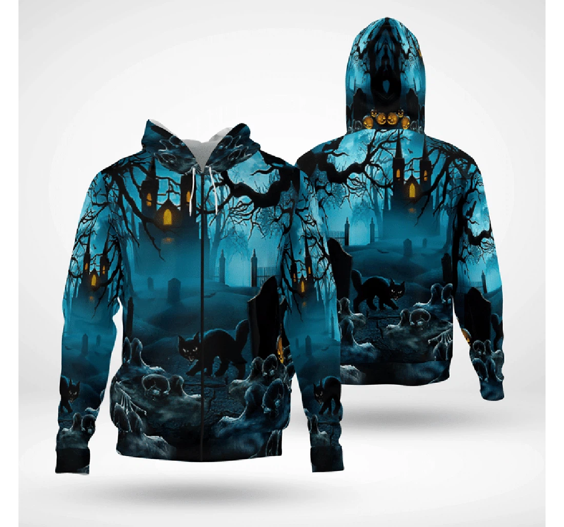 Zip Hoodie - Gloomy Night Haunted Castle Cat Scary Halloween Spooky - 3D Printed