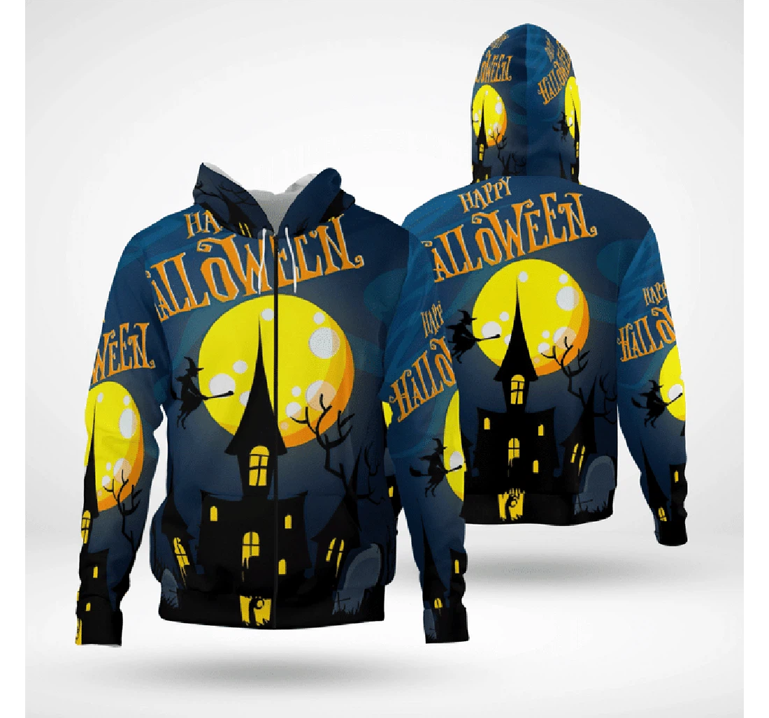 Happy Halloween Golden Moon Night Haunted House Spooky - 3D Printed Pullover Hoodie