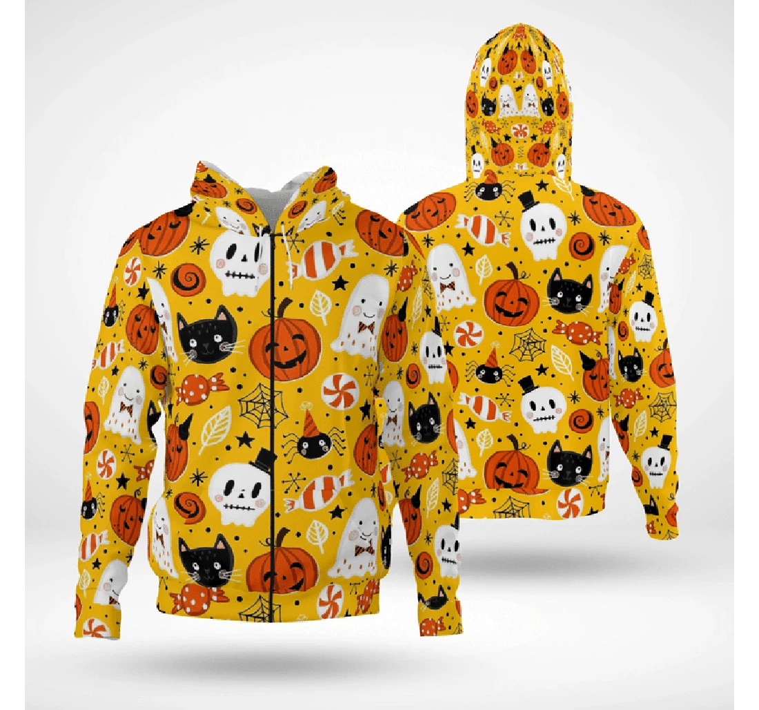 Zip Hoodie - Lovey Cute Halloween Symbols Ghost Spider Pumpkin Spooky Party - 3D Printed