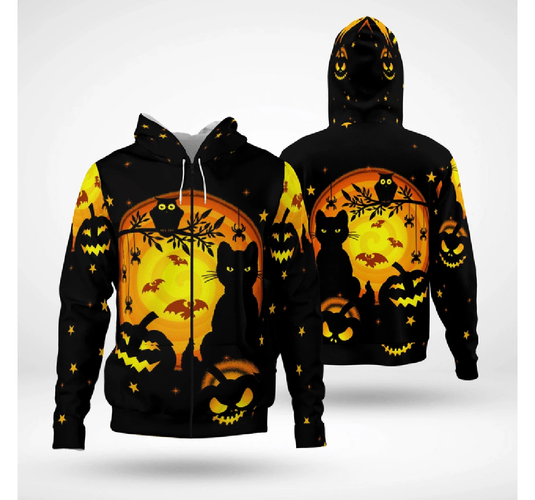 Night Halloween Spooky Night Pumpkin Cat Owl Bat - 3D Printed Pullover Hoodie