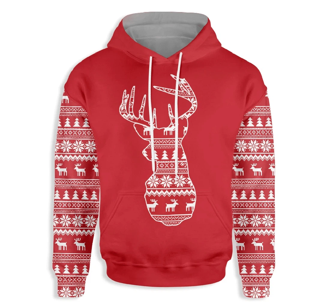 Ugly Christmas Pattern Reindeer - 3D Printed Pullover Hoodie