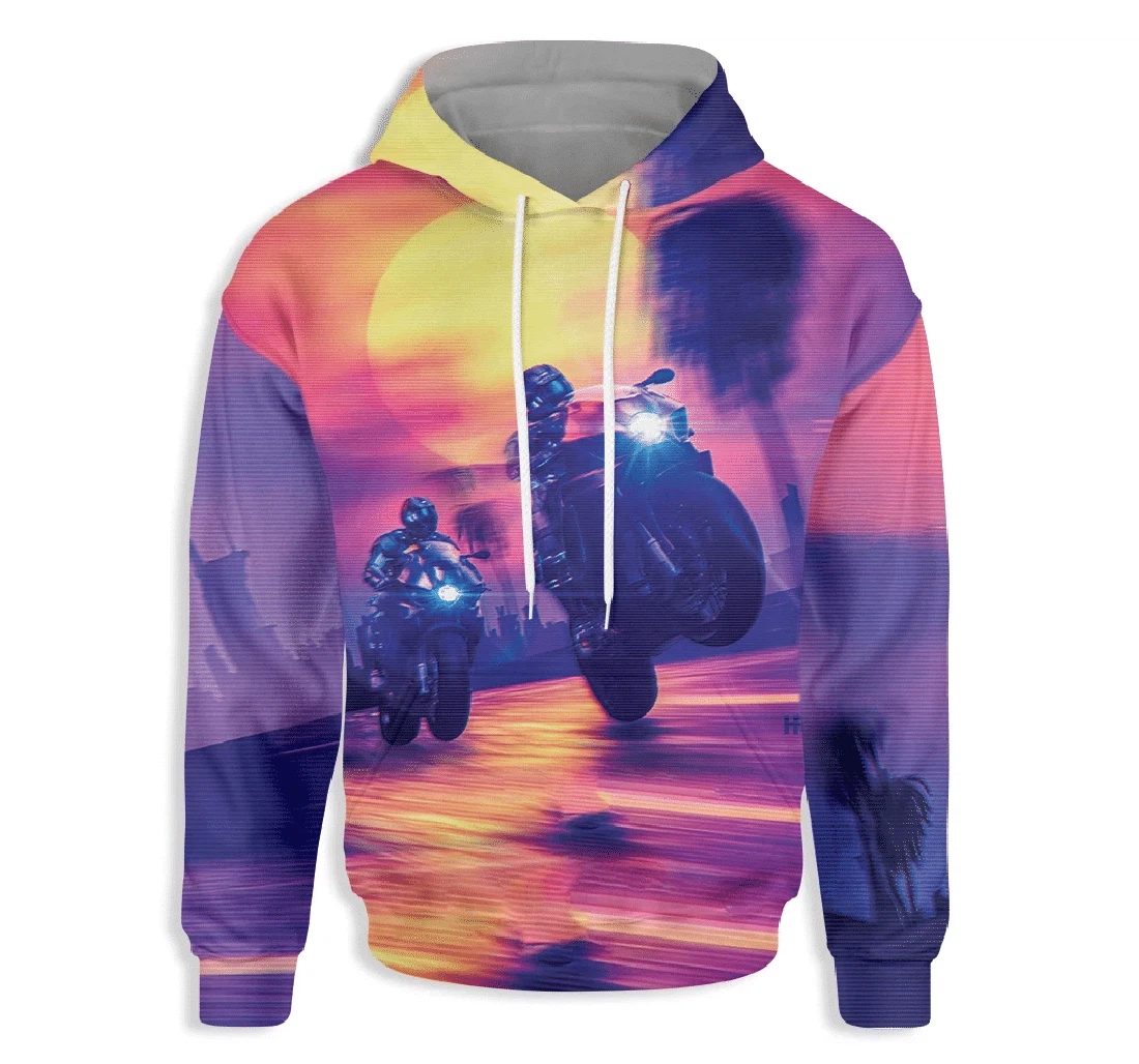 Motorcycle Futuristic Biker On A Retrowave Sunset - 3D Printed Pullover Hoodie