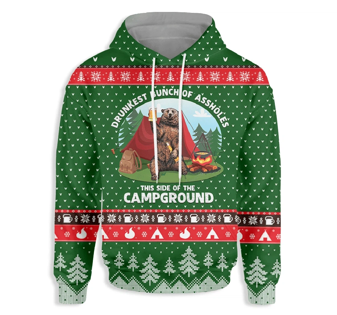 Ugly Christmas Camping Drunkest Bunch Of Assholes - 3D Printed Pullover Hoodie