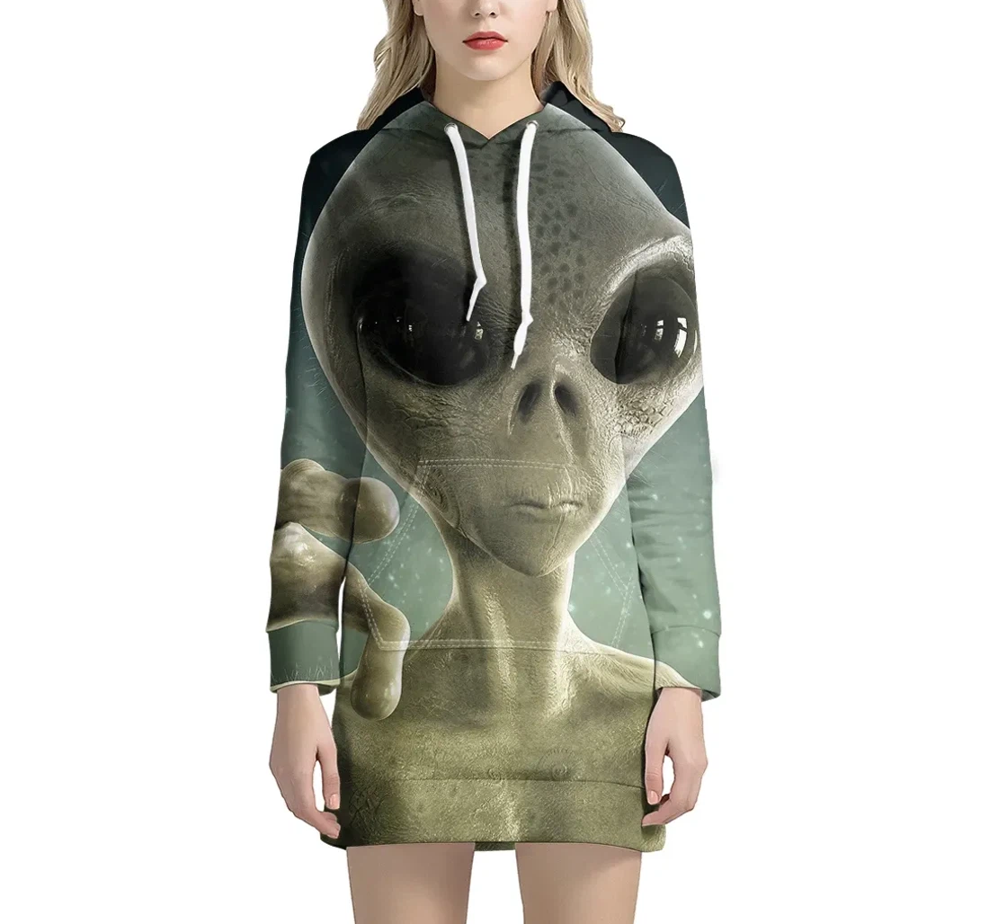 Grey Alien Women's Dress - 3D Printed Pullover Hoodie