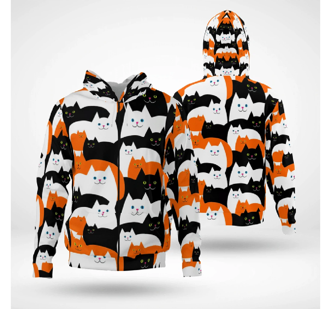 Zip Hoodie - Cute White Orange Cats Smiling Weird Halloween - 3D Printed