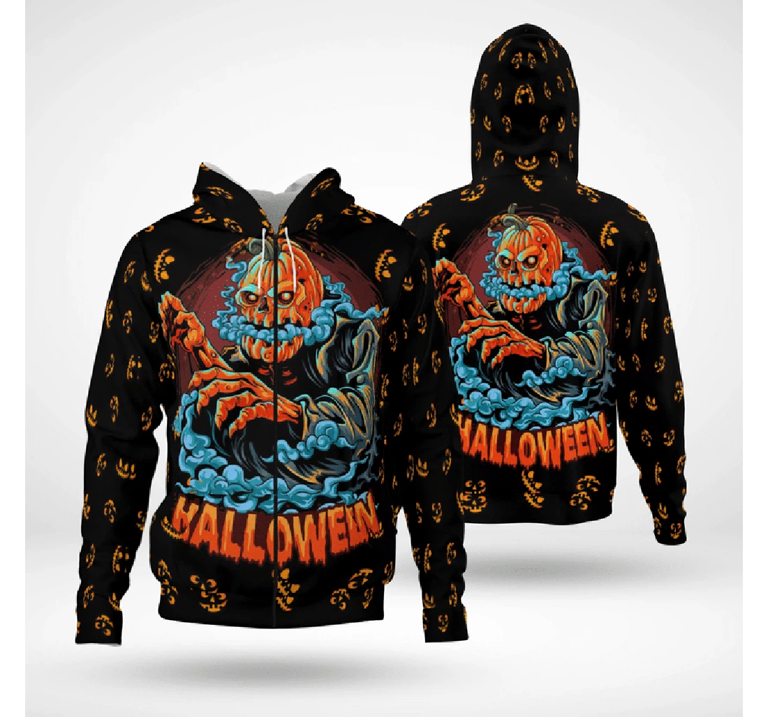 Scary Halloween Pumpkin Ghost Blue Mist Spooky - 3D Printed Pullover Hoodie