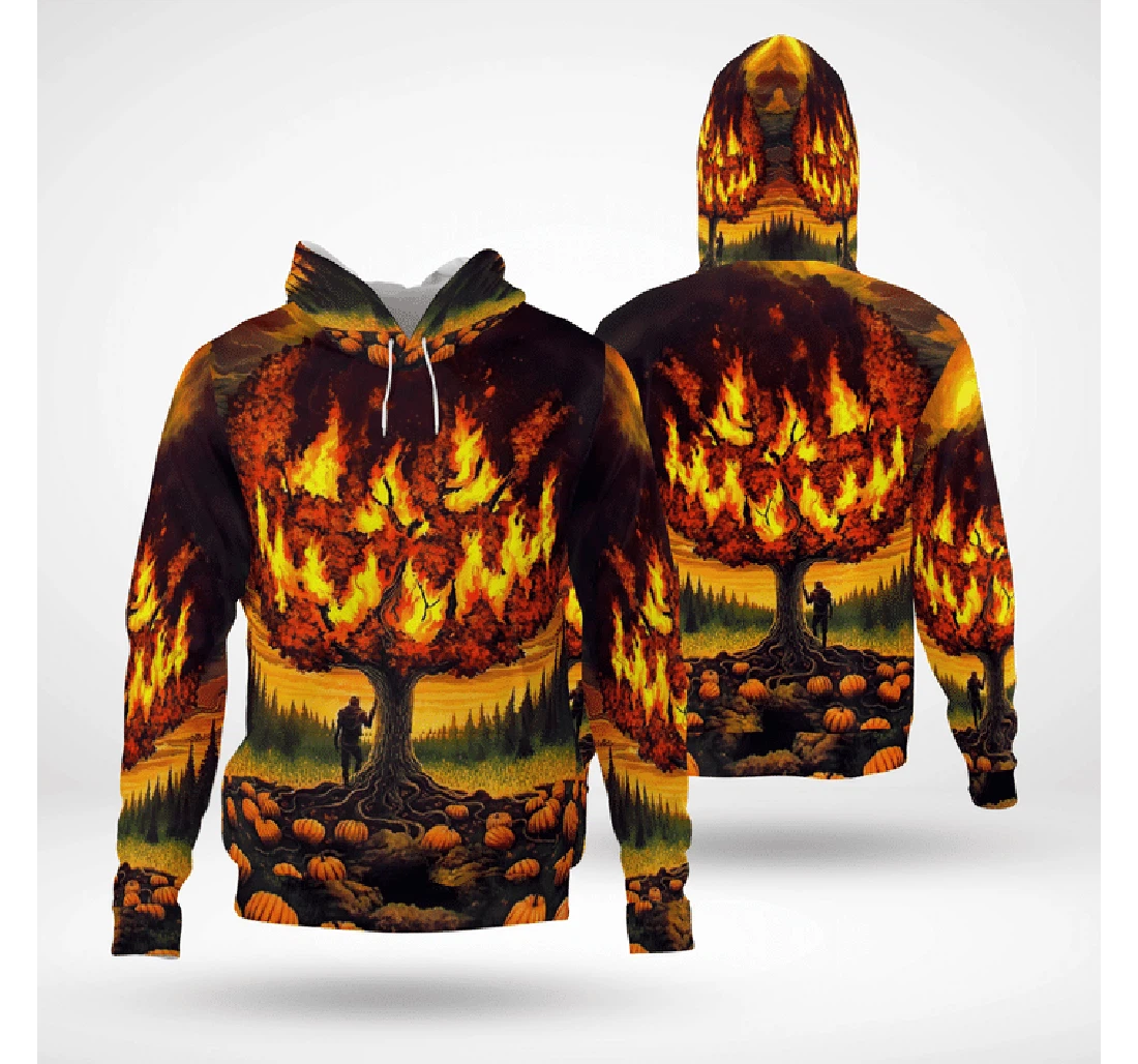 Scary Burning Tree Smiling Spooky Pumpkin Halloween - 3D Printed Pullover Hoodie