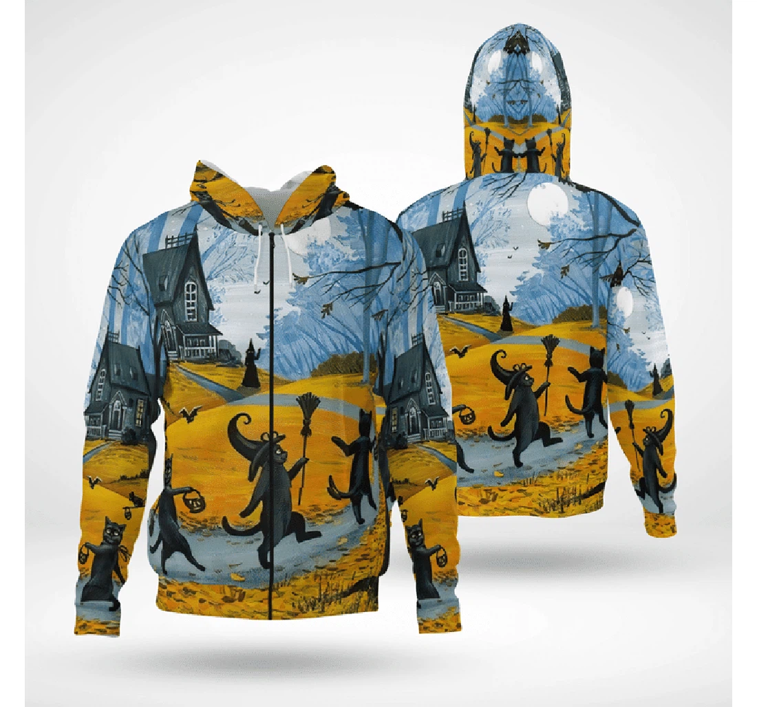 Trick Or Treat Parade Of Cat Witch Spooky Halloween - 3D Printed Pullover Hoodie