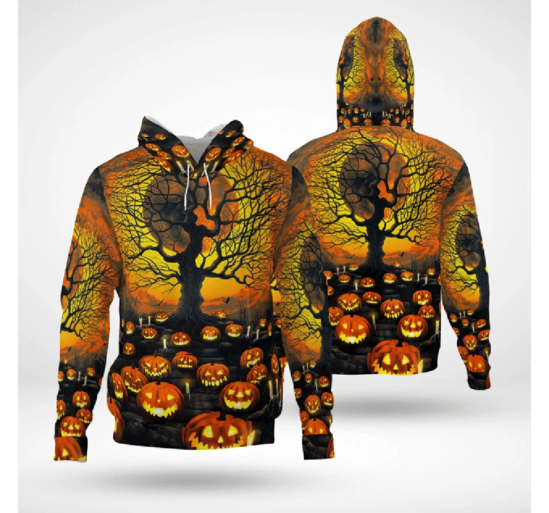 Scary Moon Night Pumpkin Yard Spooky Halloween - 3D Printed Pullover Hoodie