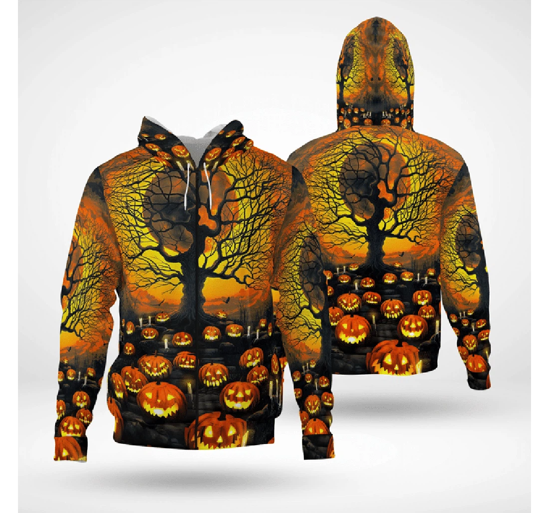 Scary Moon Night Pumpkin Yard Spooky Halloween - 3D Printed Pullover Hoodie