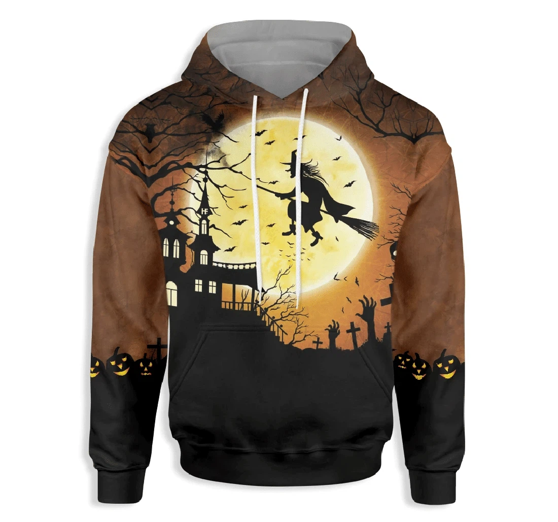 Halloween Night Flying Witch Over A Castle Spooky Halloween And - 3D Printed Pullover Hoodie