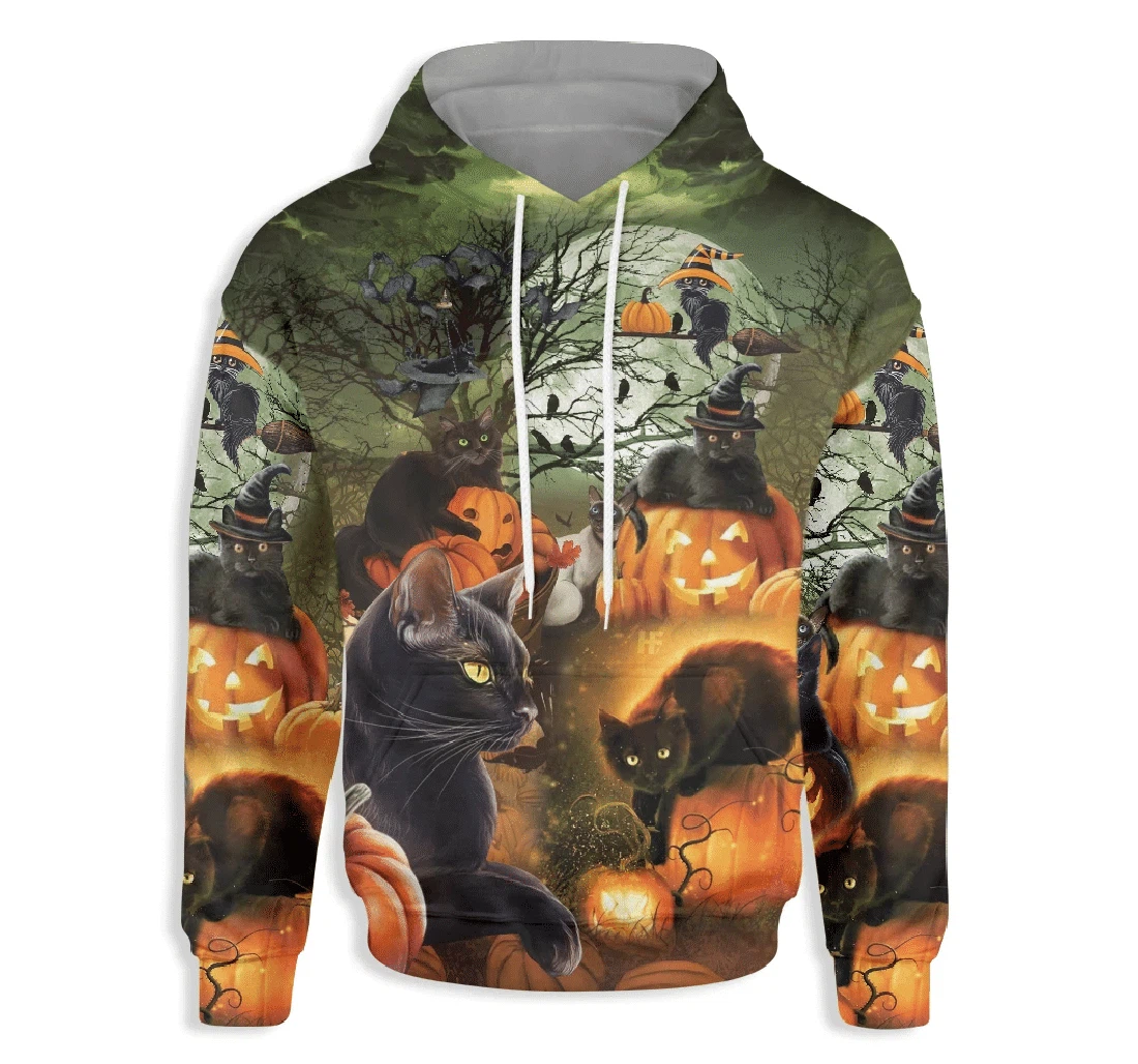 Cat & The Pumpkin Skull Halloween Spooky Halloween - 3D Printed Pullover Hoodie